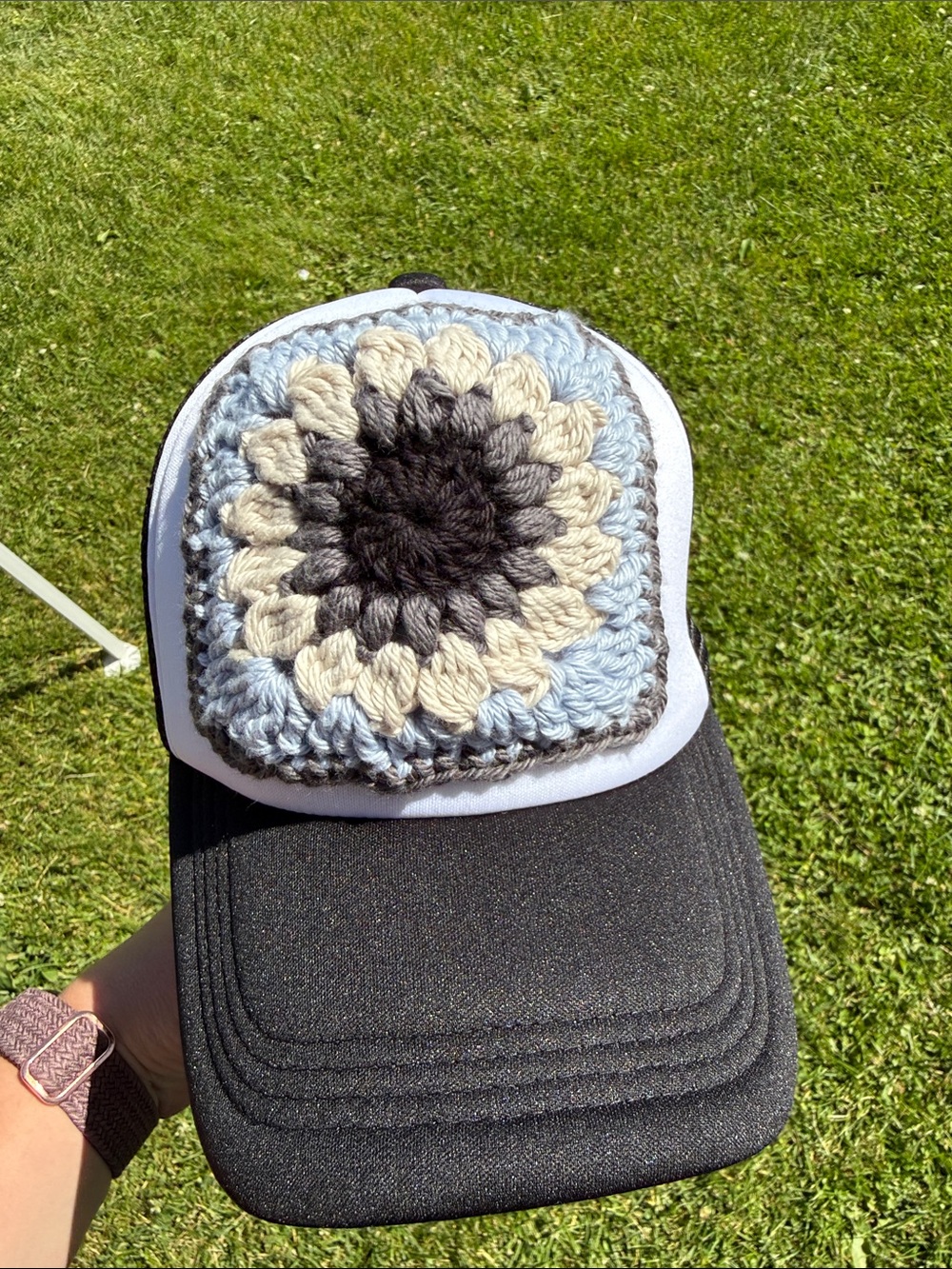 Handmade Crochet Patch Trucker Hat - Black, Light Blue, Cream, Charcoal